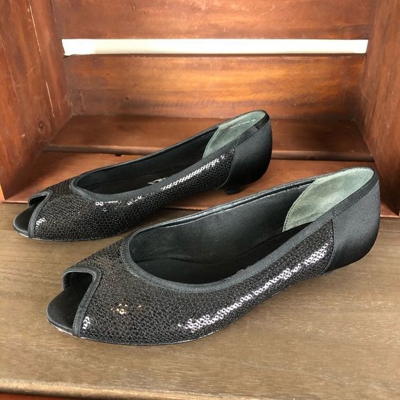 Nina Black Sequined Open Toe Kitten Heels - Picture 4 of 8